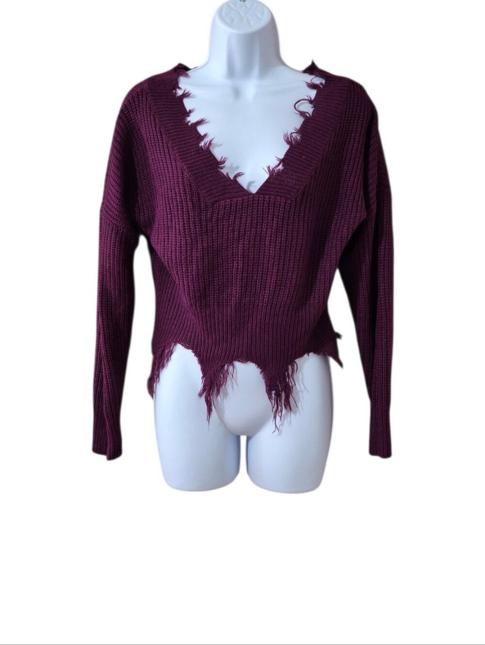 Love University Distressed Shredded  V-Neck Knit Sweater - Burgundy